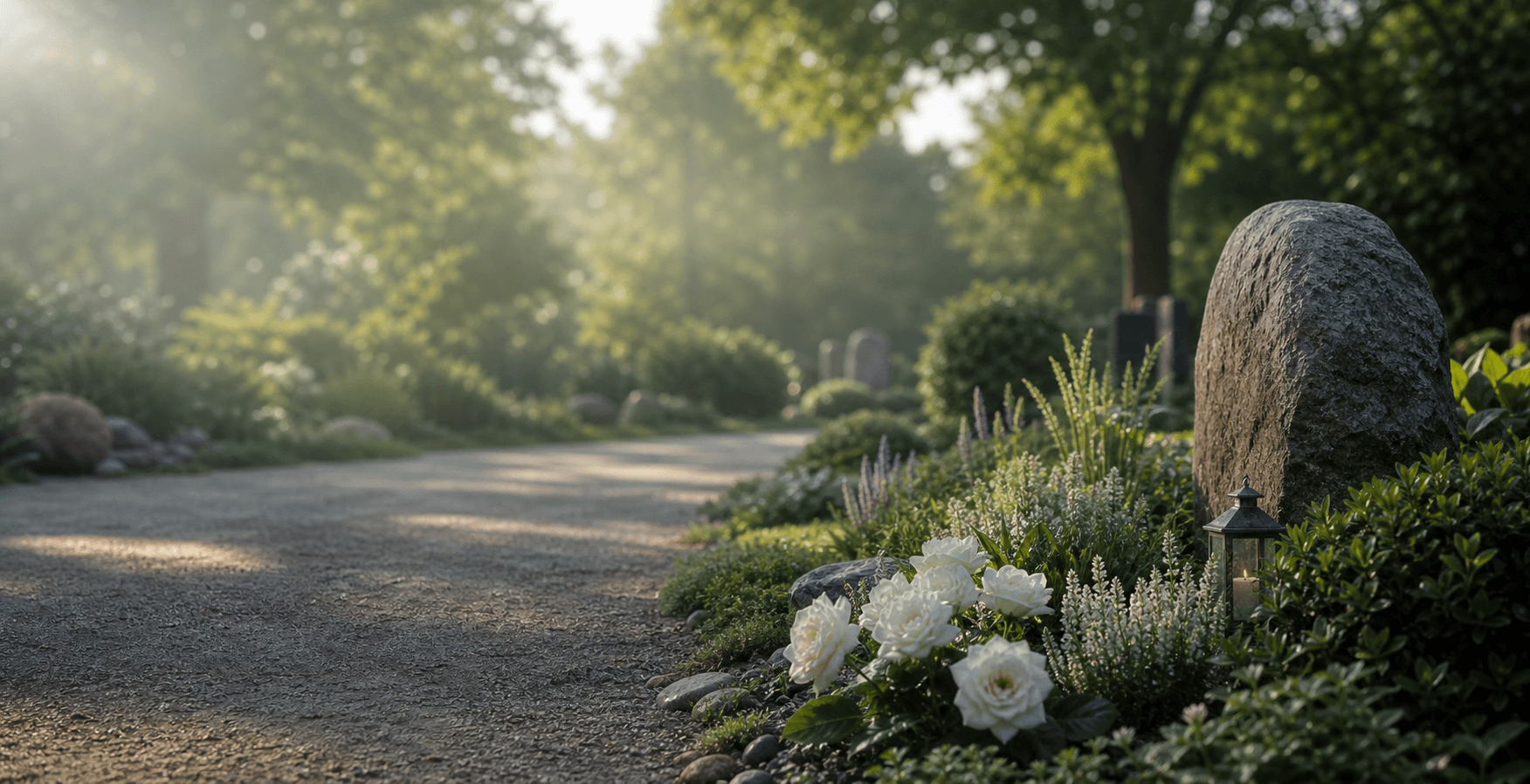 Ruhiger Friedhofsgarten mit Blumen als Symbol für Bestattungsarten