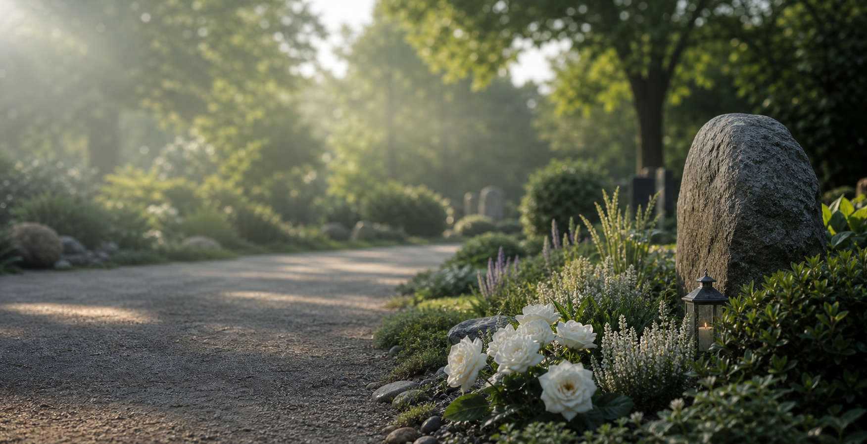 Ruhiger Friedhofsgarten mit Blumen als Symbol für Bestattungsarten