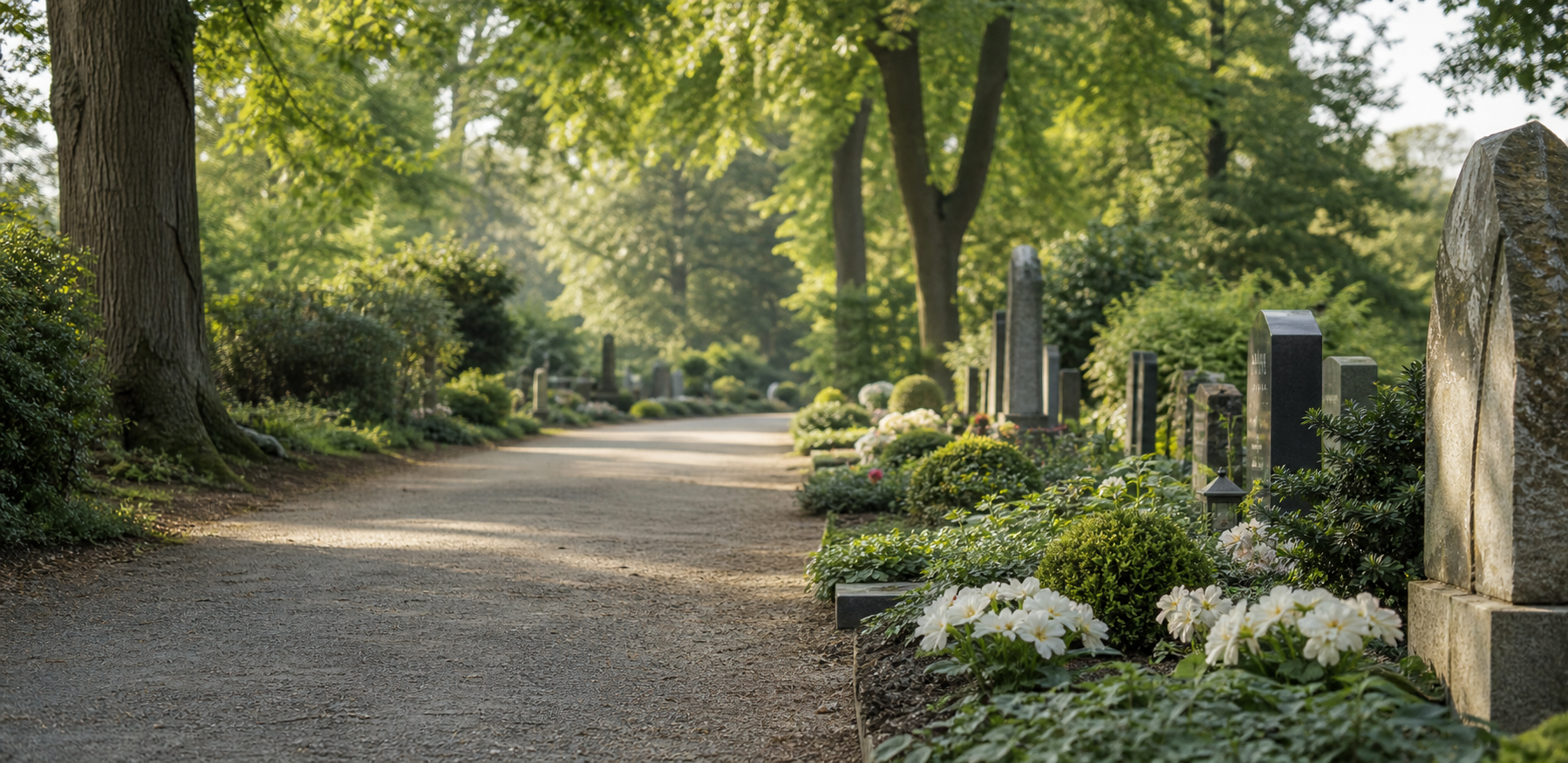 Ruhiger Friedhofsweg mit Blumen als Symbol für eine Erdbestattung