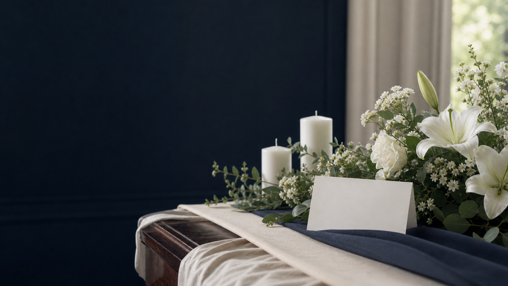 Ruhige Trauerfeier-Details mit weißen Blumen als Symbol für eine exklusive Bestattung
