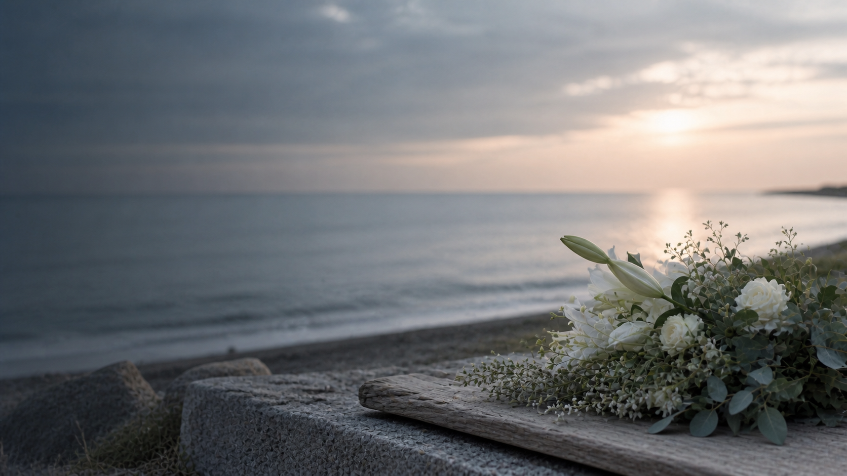 Ruhige Küste mit weißen Blumen als Symbol für eine Seebestattung